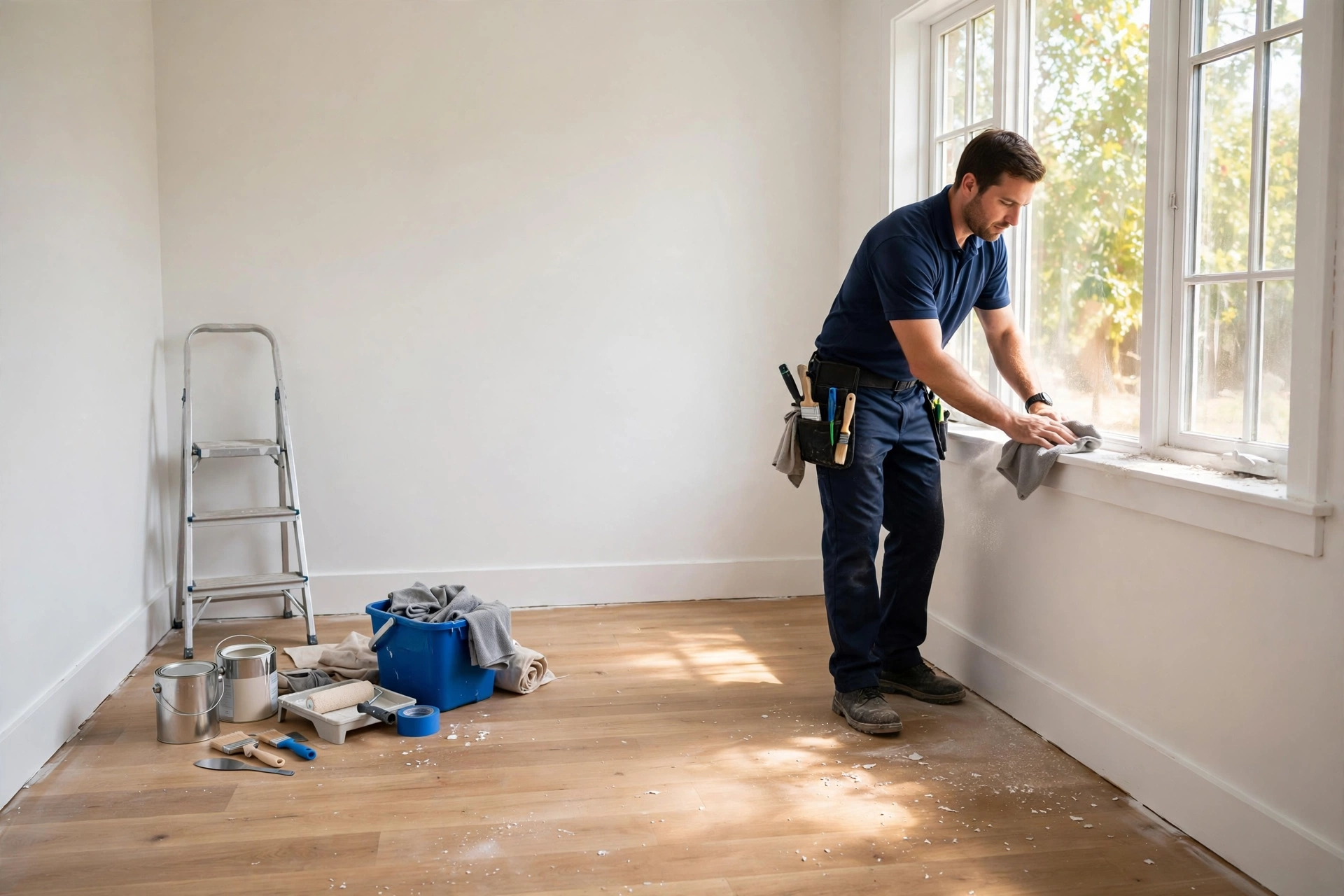 Cleaner wiping dust from a windowsill in a newly renovated room