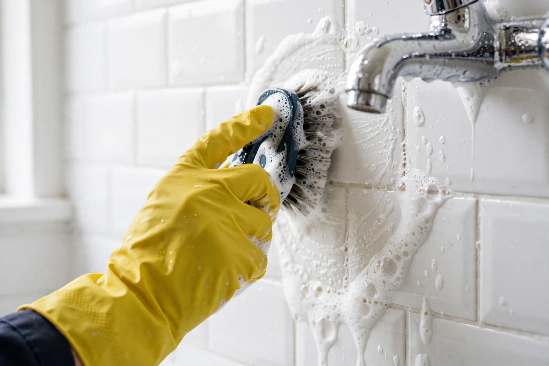 Gloved hand scrubbing bathroom tile during a deep cleaning