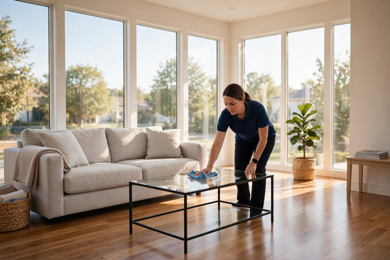 A SMARTWORKS cleaner polishing a glass coffee table in a bright, freshly cleaned living room