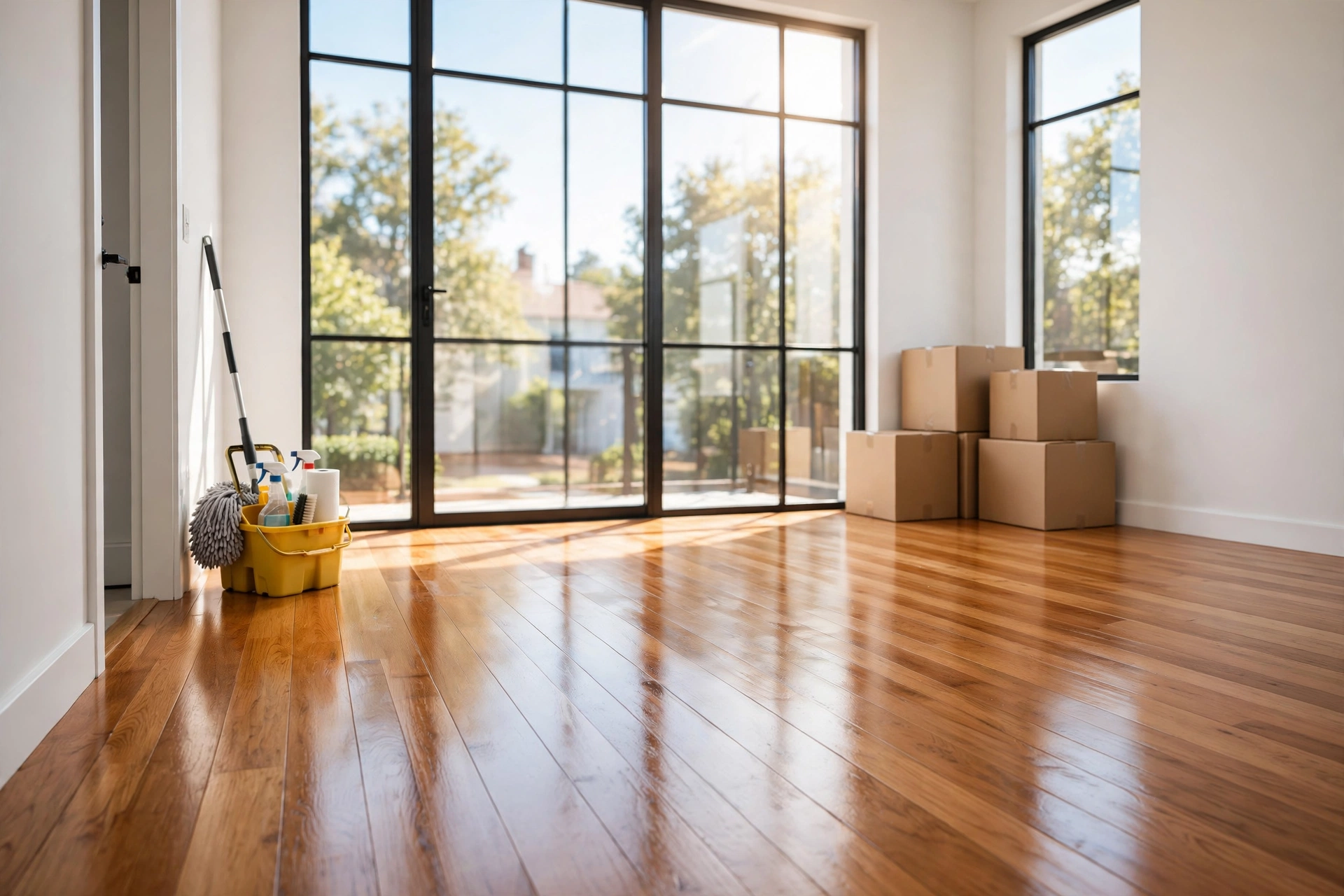 Empty, freshly cleaned home with moving boxes, ready for its next residents