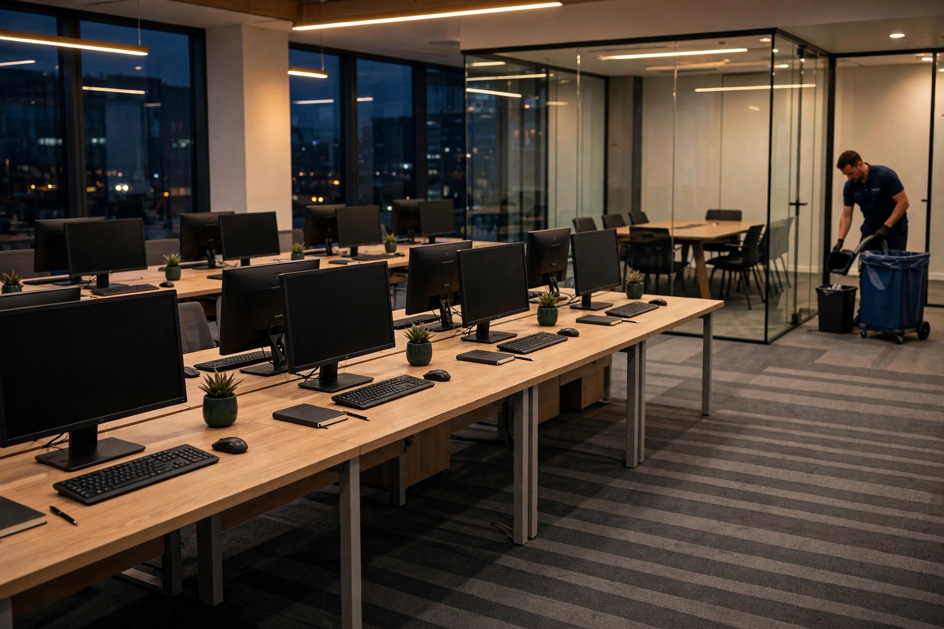 Clean, tidy office with rows of desks after an evening professional cleaning