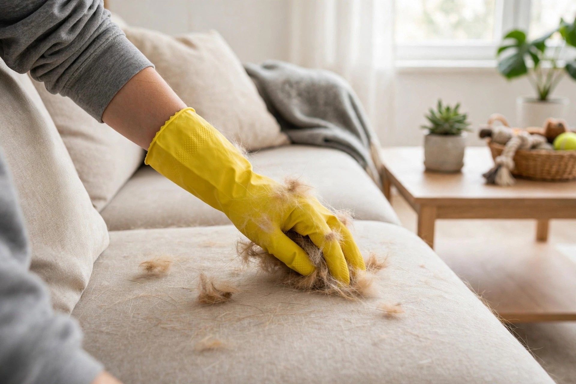 Gathering pet hair from a sofa with a yellow rubber glove