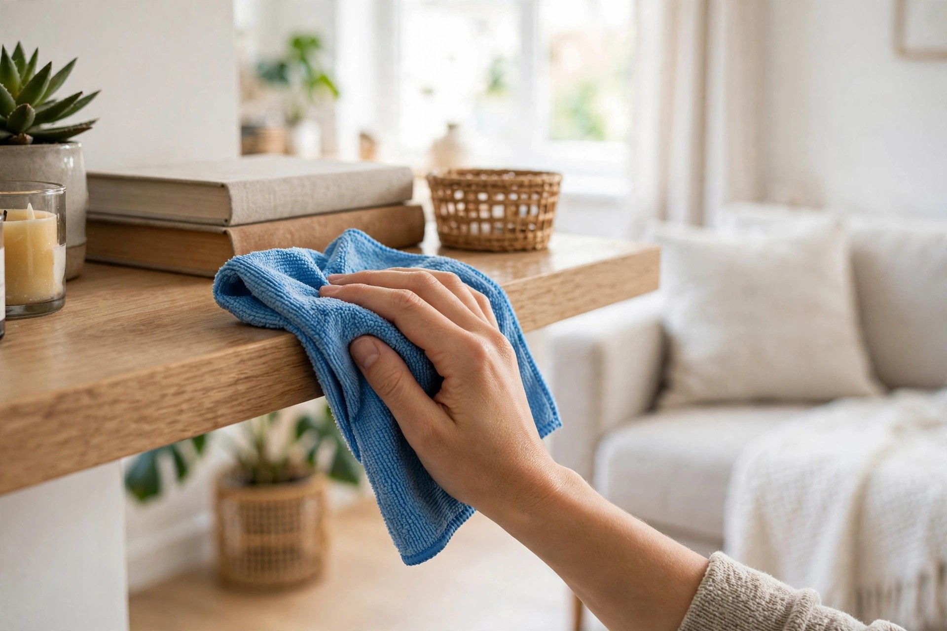 Dusting a wooden shelf with a blue microfiber cloth in a bright living room
