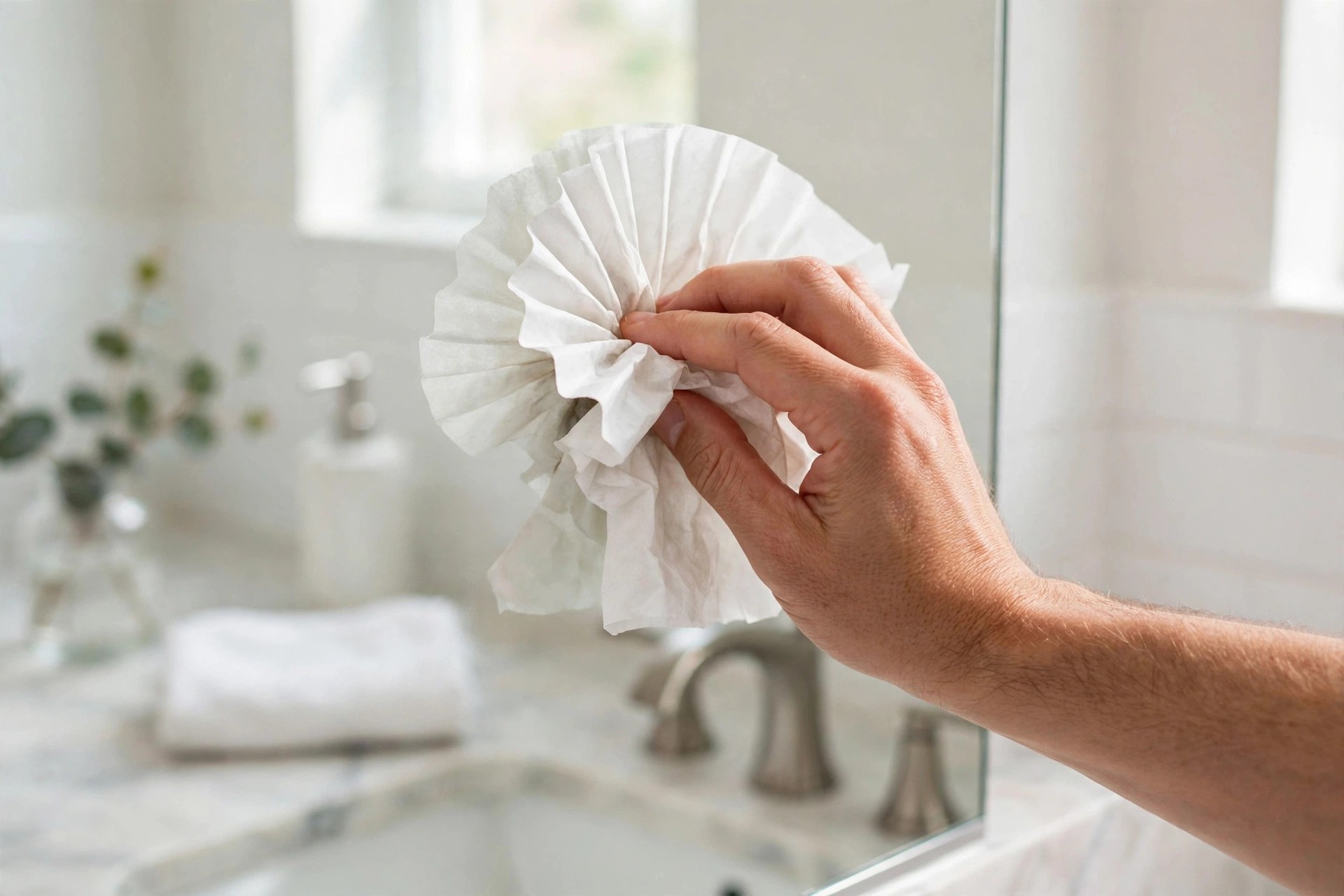 Wiping a bathroom mirror with a white coffee filter for a streak-free shine