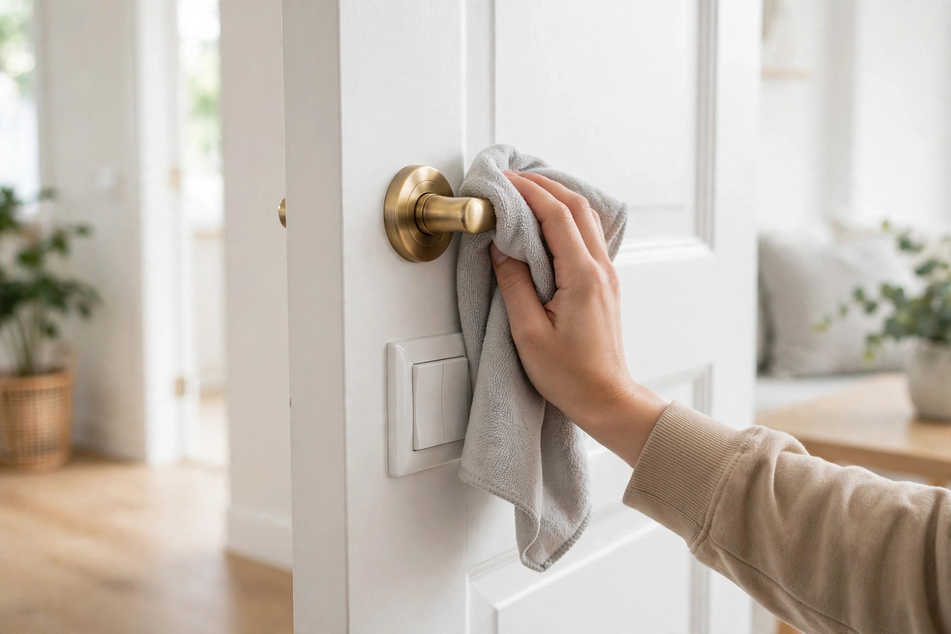 Wiping a brass door handle with a gray microfiber cloth, beside a white light switch