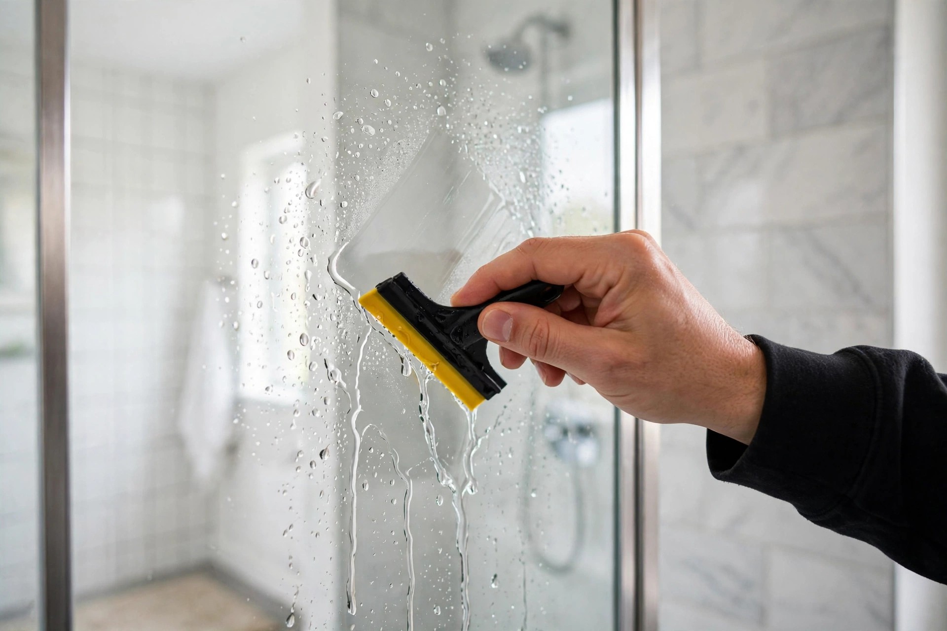 Running a small squeegee over a glass shower door to clear away water droplets