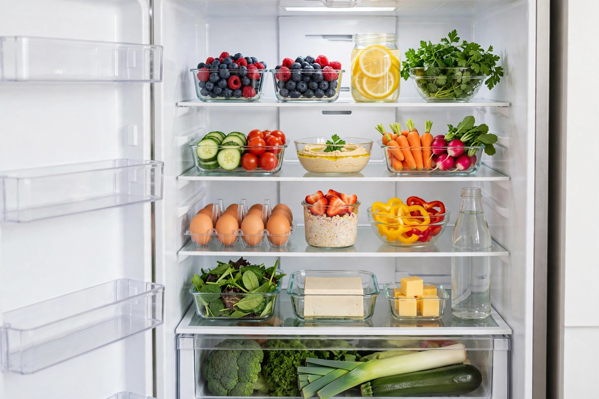 The spotless inside of an open refrigerator, its clean shelves neatly organized with fresh food in clear glass containers — berries, eggs, vegetables and leafy greens
