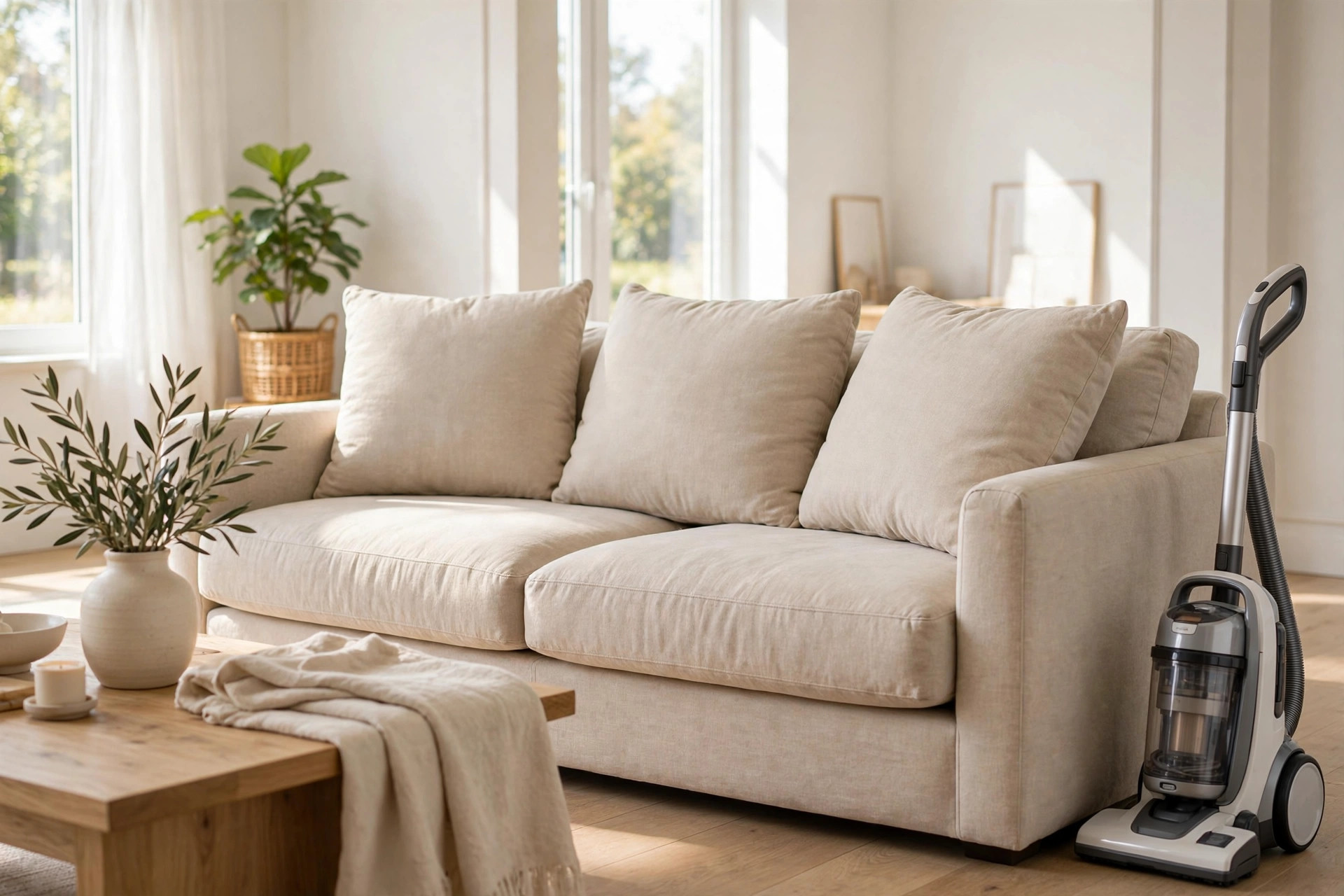 A bright, spotless living room with a plump-cushioned beige sofa, a wooden coffee table and a vacuum standing beside the sofa, ready to clean under the cushions