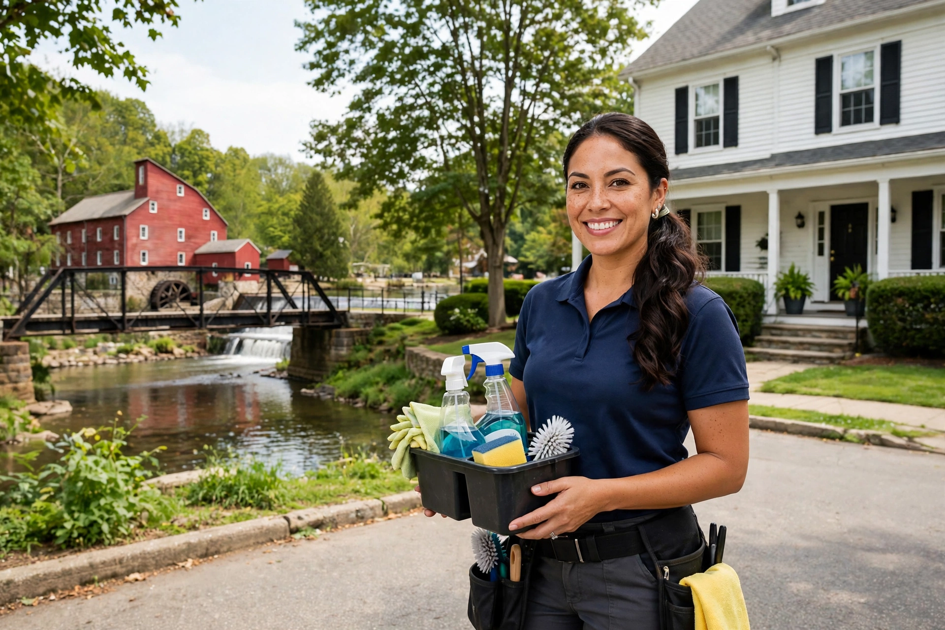 A SMARTWORKS cleaner holding her supply caddy by the South Branch of the Raritan River in Clinton, with the town’s red mill and waterfall in the background
