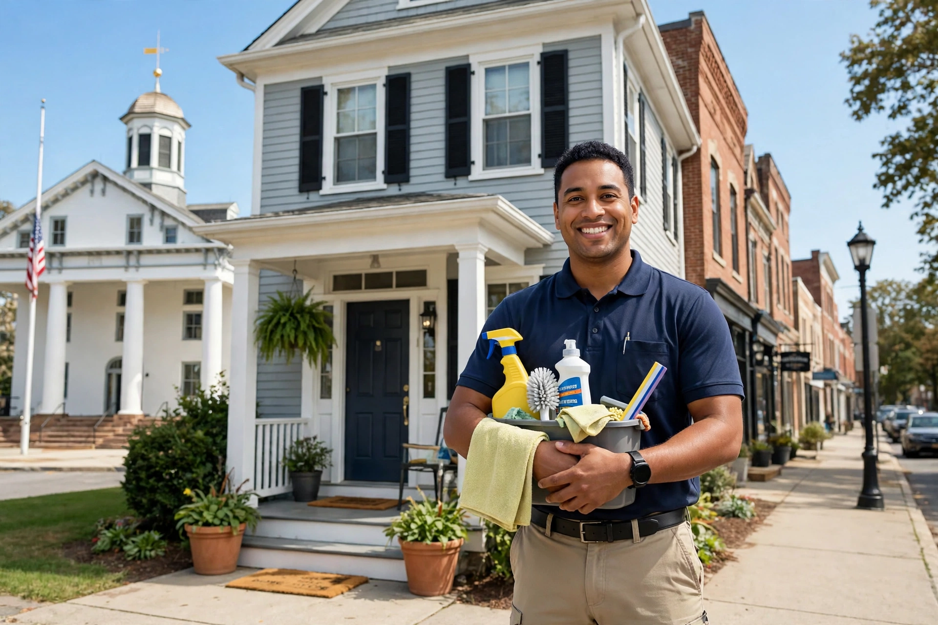 A SMARTWORKS cleaner with his supply caddy in front of the historic Hunterdon County courthouse in Flemington