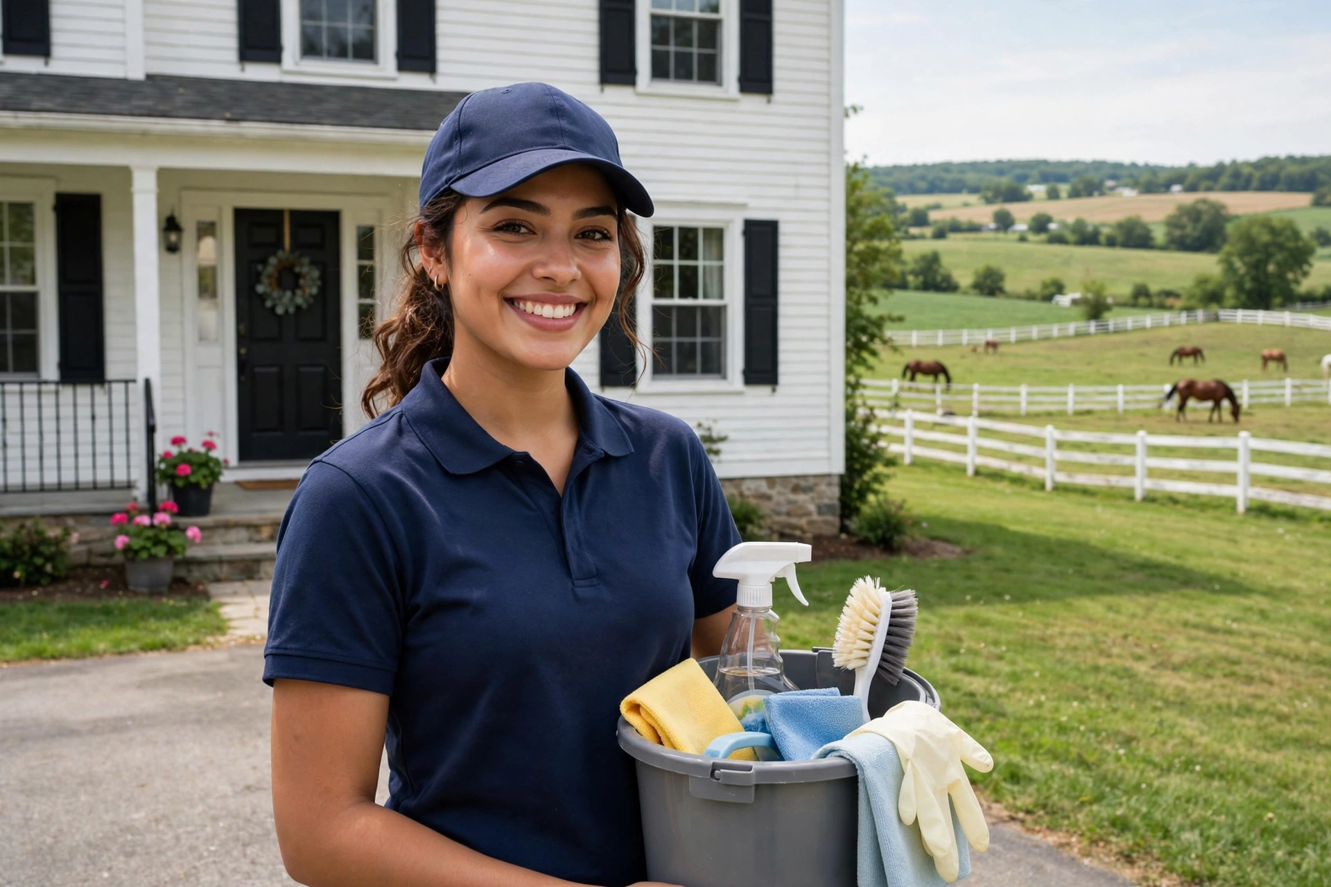 A SMARTWORKS cleaner with her supplies on a Readington Township horse farm, with white fences and pastures behind her