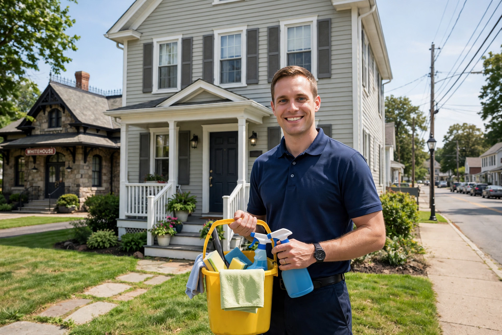 A SMARTWORKS cleaner holding a bucket of supplies on a village street in Whitehouse Station, with the historic stone train station in the background